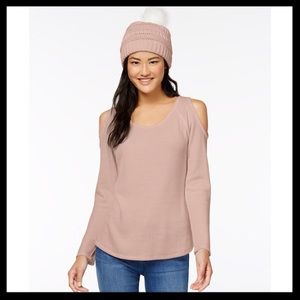 SELF E Waffle-Knit Cold Shoulder Top &  Beanie